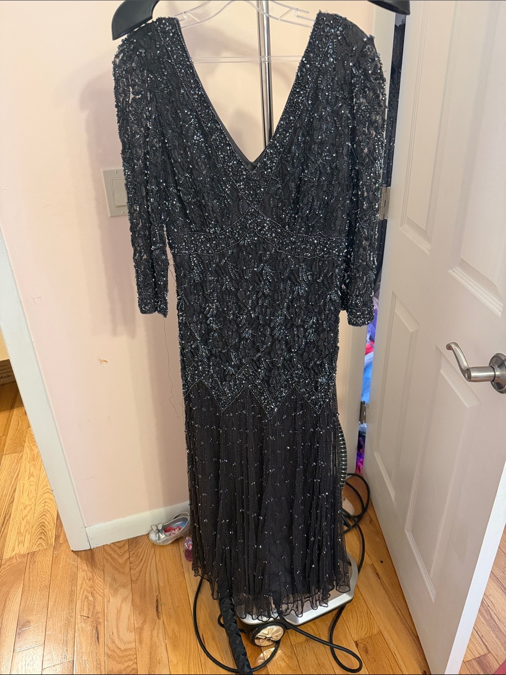 Black Beaded Long Sleeve V-Neck Evening Dress